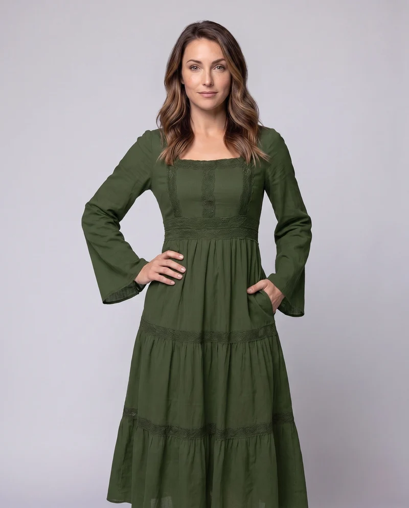 Damen Romantisches Boho Maxi Kleid mit Weiten Ärmeln und Spitzenakzenten Drune