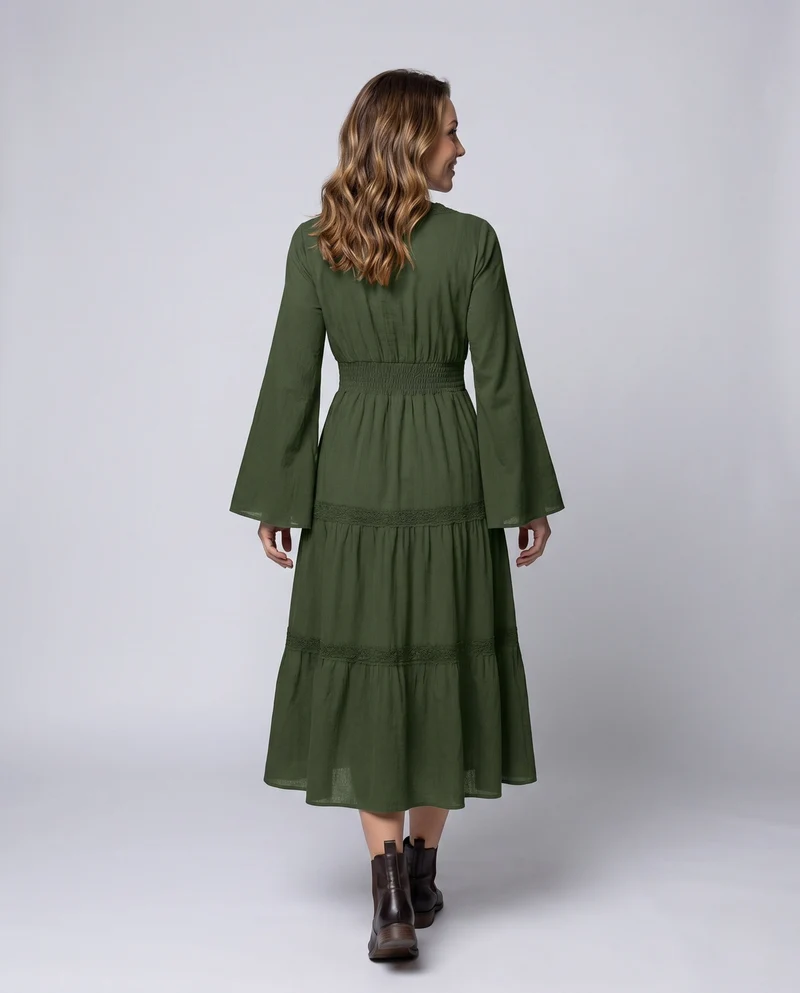 Damen Romantisches Boho Maxi Kleid mit Weiten Ärmeln und Spitzenakzenten Drune