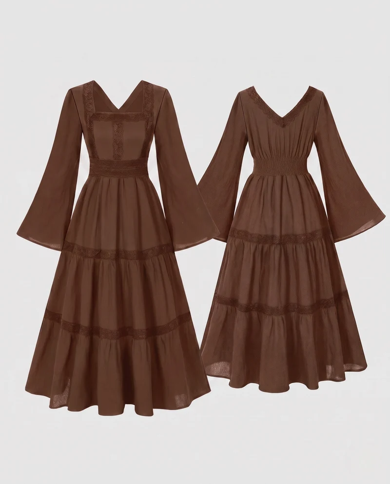 Damen Romantisches Boho Maxi Kleid mit Weiten Ärmeln und Spitzenakzenten Drune