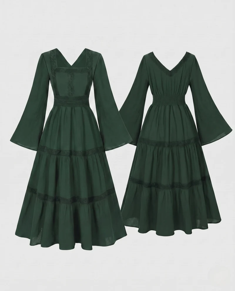 Damen Romantisches Boho Maxi Kleid mit Weiten Ärmeln und Spitzenakzenten Drune