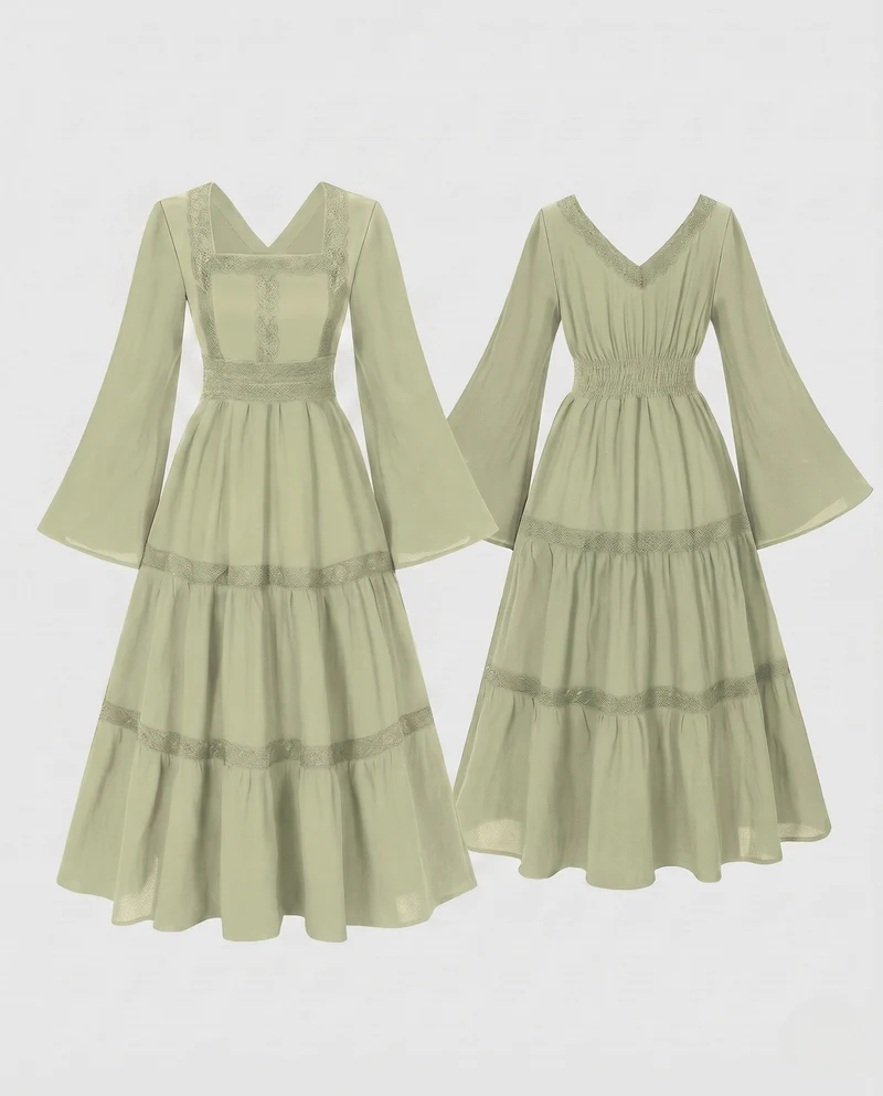 Damen Romantisches Boho Maxi Kleid mit Weiten Ärmeln und Spitzenakzenten Drune