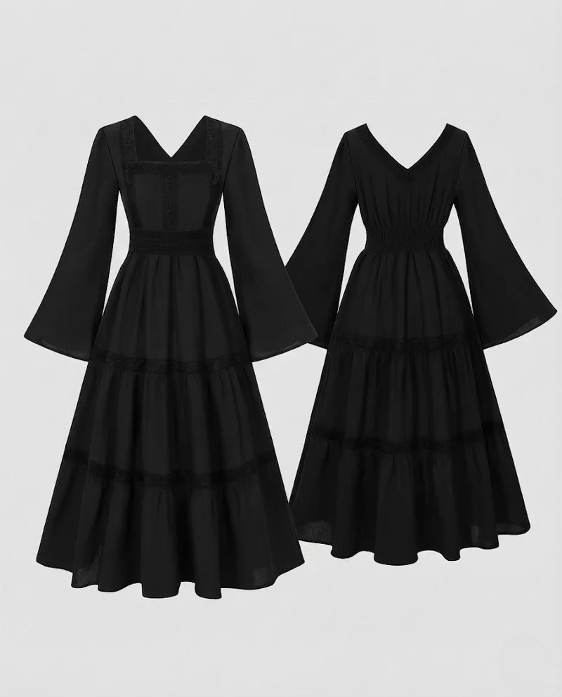 Damen Romantisches Boho Maxi Kleid mit Weiten Ärmeln und Spitzenakzenten Drune