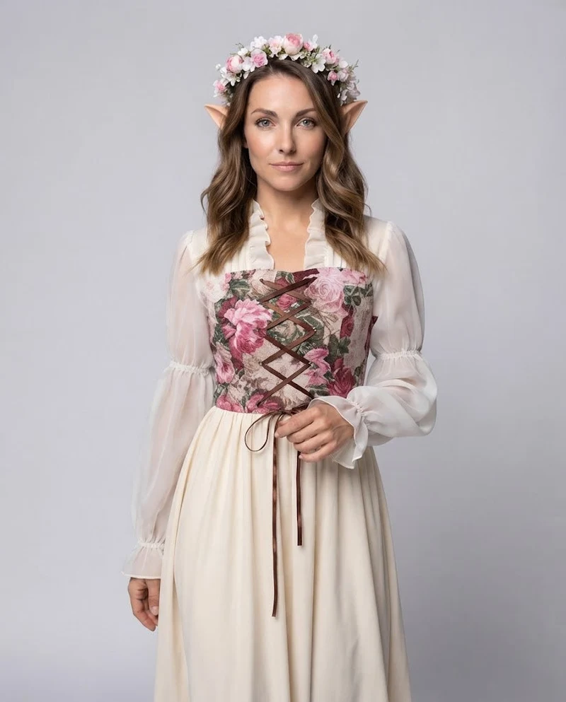 Damen romantisches Maxikleid mit floralem Design und transparenten Puffärmeln Drune