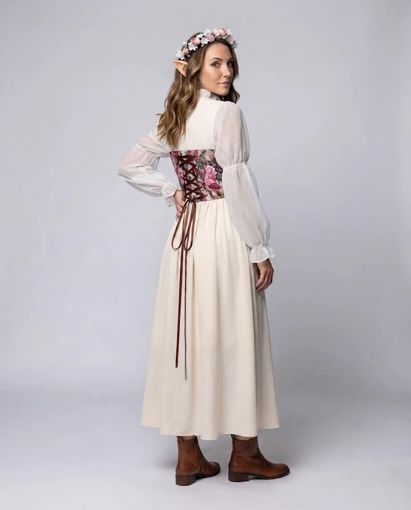 Damen romantisches Maxikleid mit floralem Design und transparenten Puffärmeln Drune