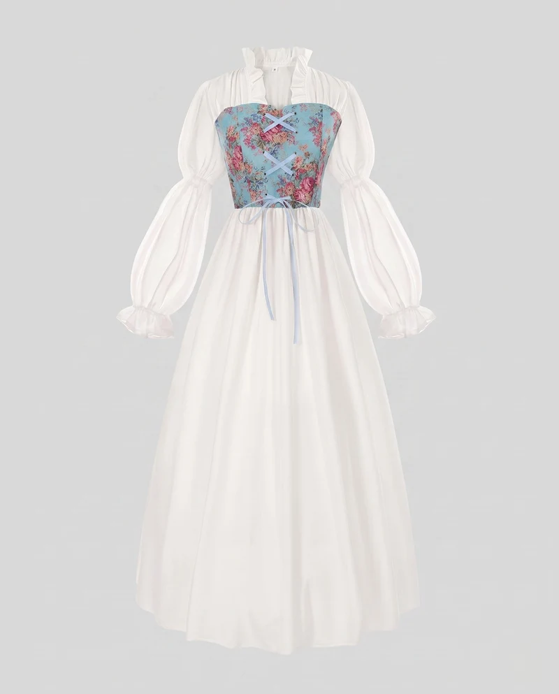 Damen romantisches Maxikleid mit floralem Design und transparenten Puffärmeln Drune