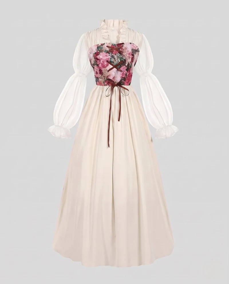 Damen romantisches Maxikleid mit floralem Design und transparenten Puffärmeln Drune