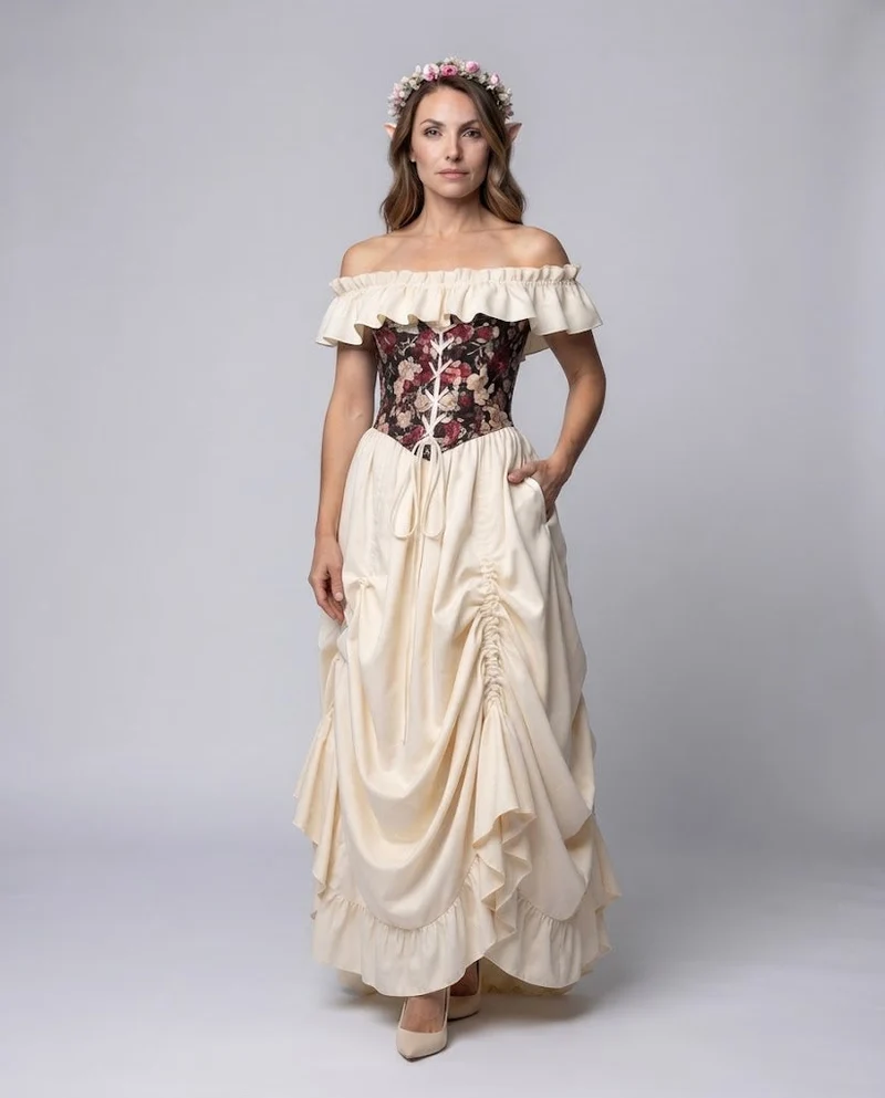 Frauen romantisches Maxi-Kleid mit Rüschen und floralem Oberteil Drune