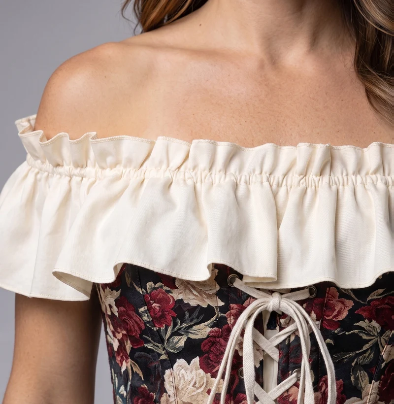 Frauen romantisches Maxi-Kleid mit Rüschen und floralem Oberteil Drune