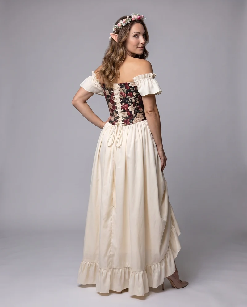 Frauen romantisches Maxi-Kleid mit Rüschen und floralem Oberteil Drune