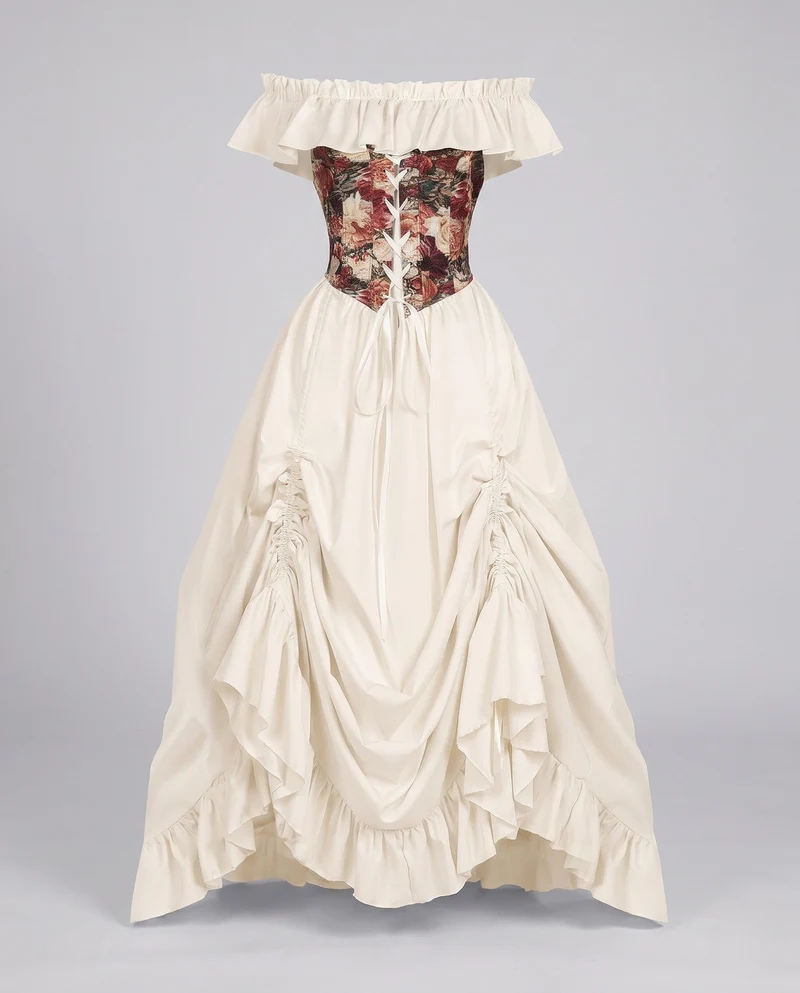 Frauen romantisches Maxi-Kleid mit Rüschen und floralem Oberteil Drune