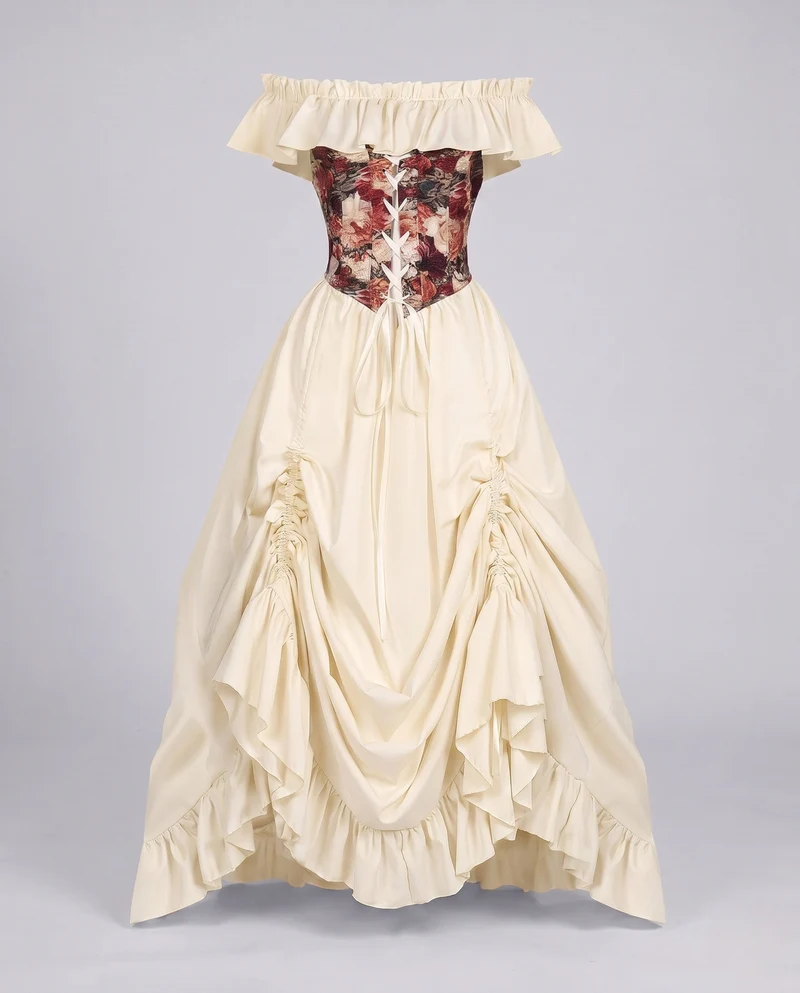 Frauen romantisches Maxi-Kleid mit Rüschen und floralem Oberteil Drune