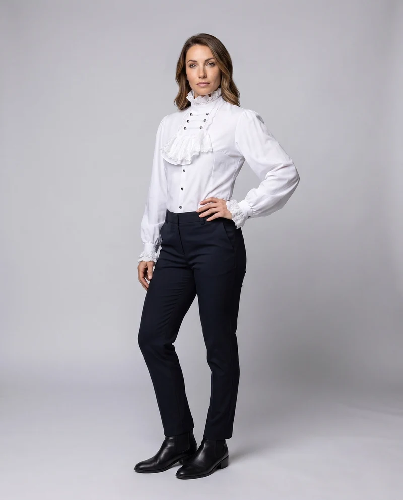 Damen Rüschbluse mit elegantem Kragen und dekorativen Knöpfen Drune