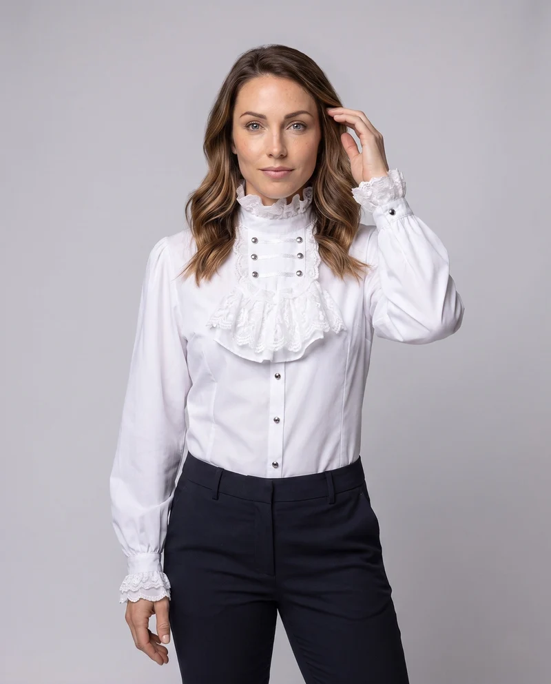 Damen Rüschbluse mit elegantem Kragen und dekorativen Knöpfen Drune