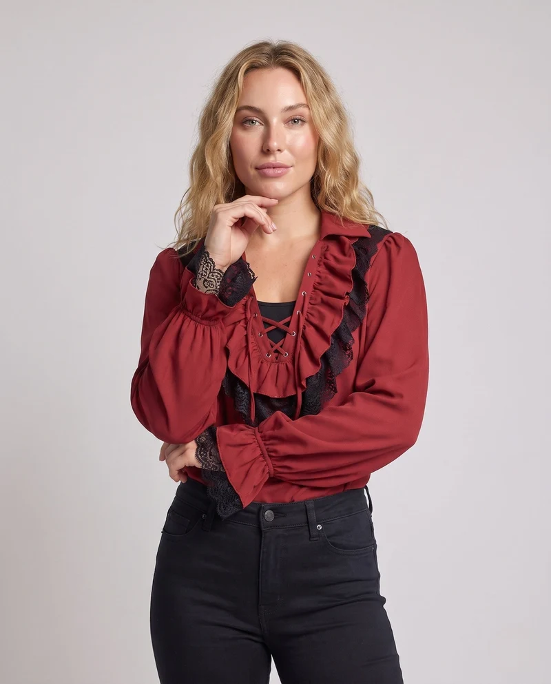 Damen Rüschbluse mit eleganten Spitzenakzenten Drune