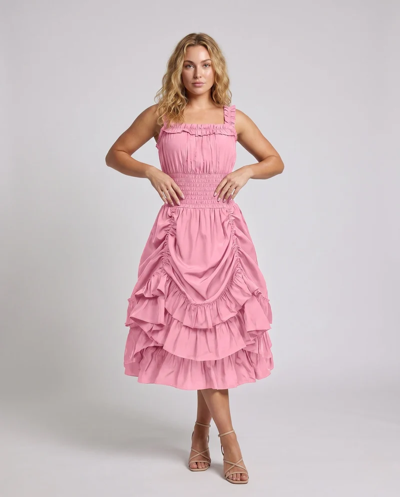 Damen Rüsch Maxi Kleid mit elastischem Oberteil und voluminösem Rock Drune