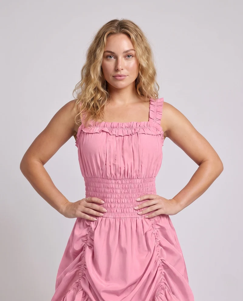 Damen Rüsch Maxi Kleid mit elastischem Oberteil und voluminösem Rock Drune