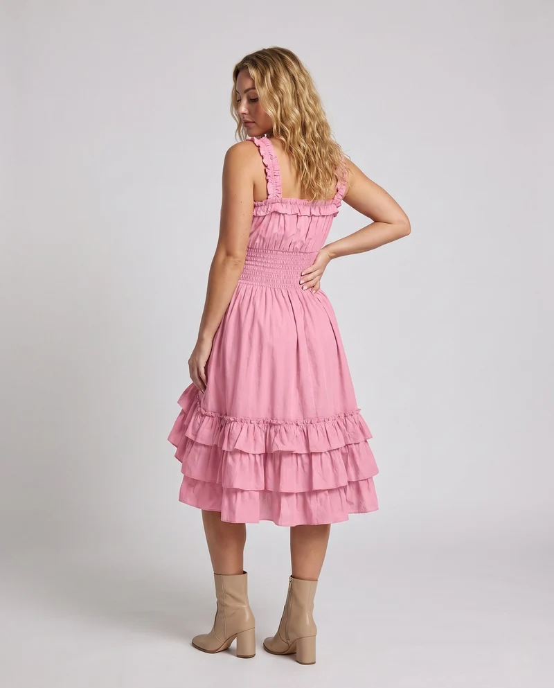 Damen Rüsch Maxi Kleid mit elastischem Oberteil und voluminösem Rock Drune