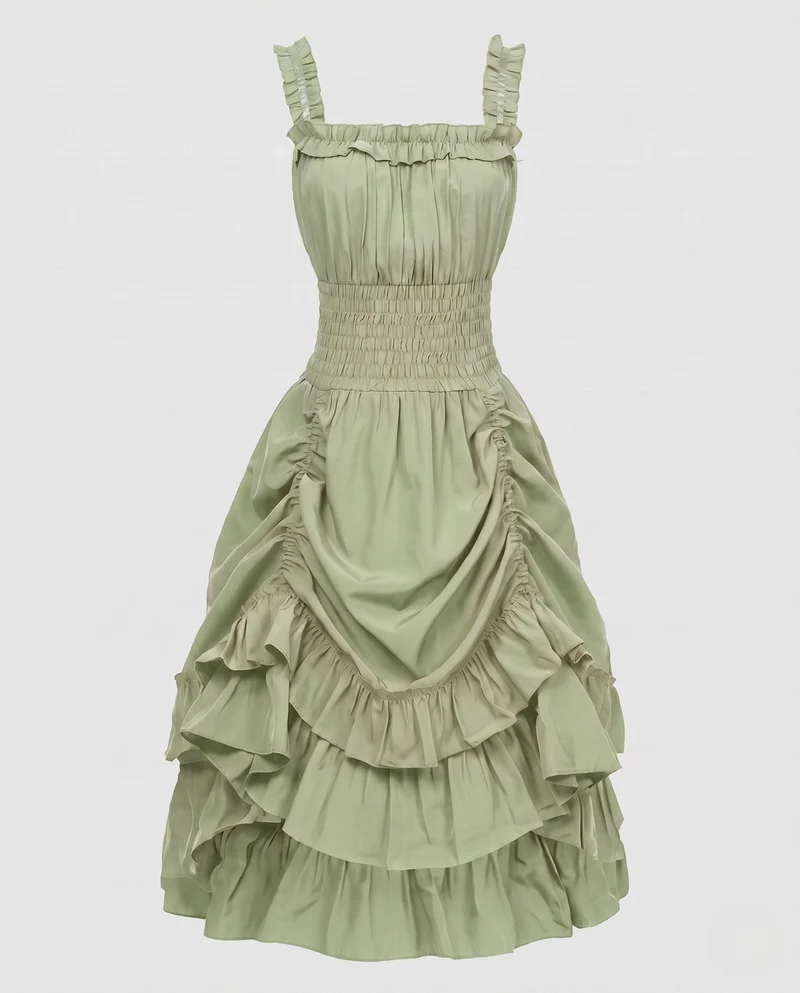 Damen Rüsch Maxi Kleid mit elastischem Oberteil und voluminösem Rock Drune