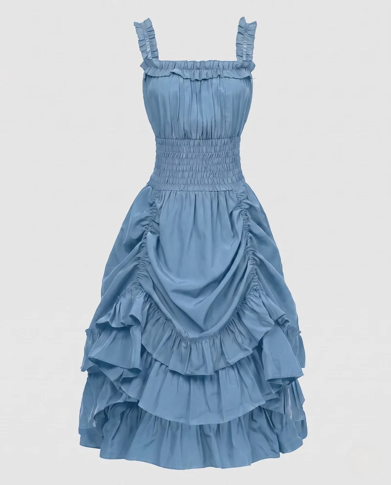 Damen Rüsch Maxi Kleid mit elastischem Oberteil und voluminösem Rock Drune