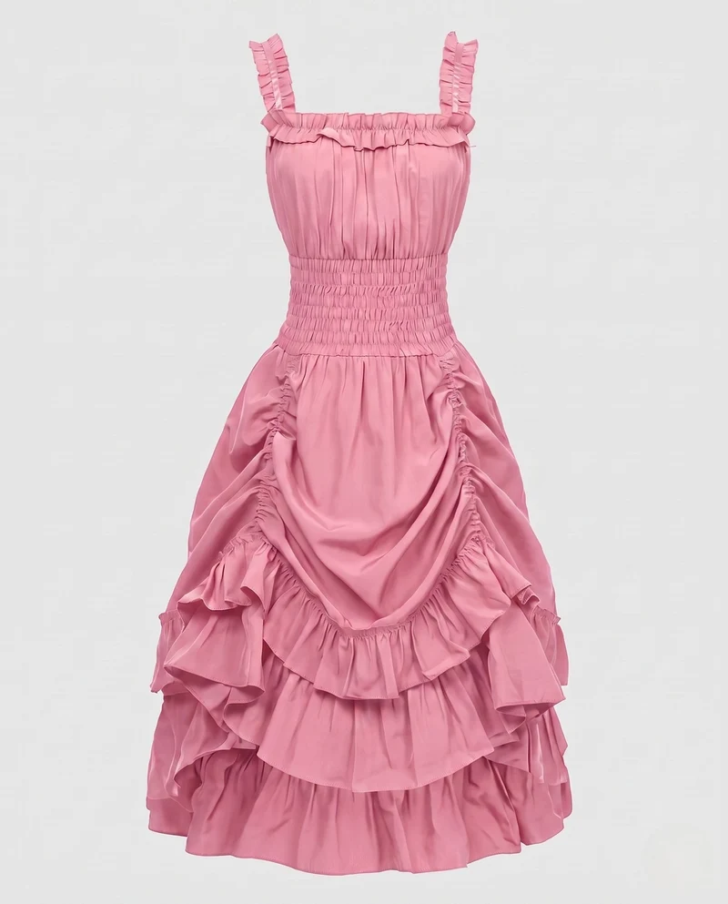 Damen Rüsch Maxi Kleid mit elastischem Oberteil und voluminösem Rock Drune