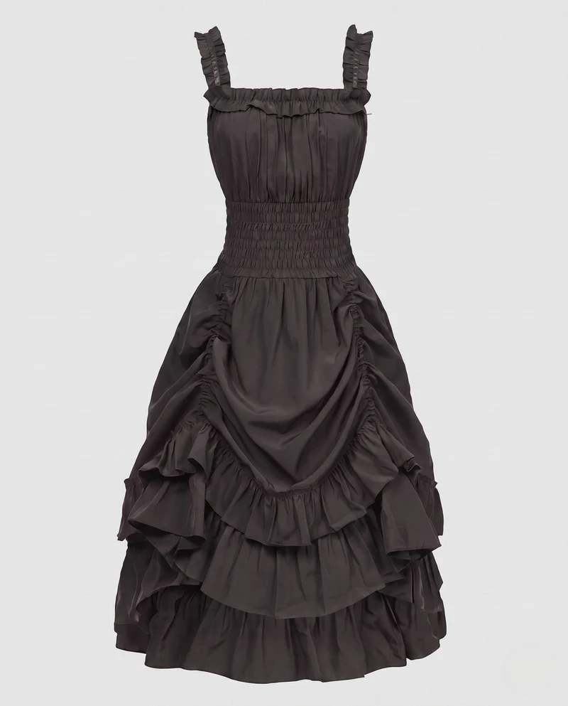 Damen Rüsch Maxi Kleid mit elastischem Oberteil und voluminösem Rock Drune