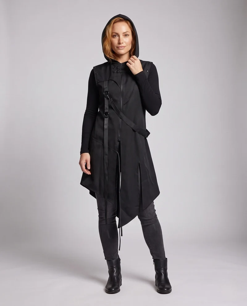 Damen stilvolle Kapuze Umhang mit asymmetrischem Saum und dekorativen Details Drune