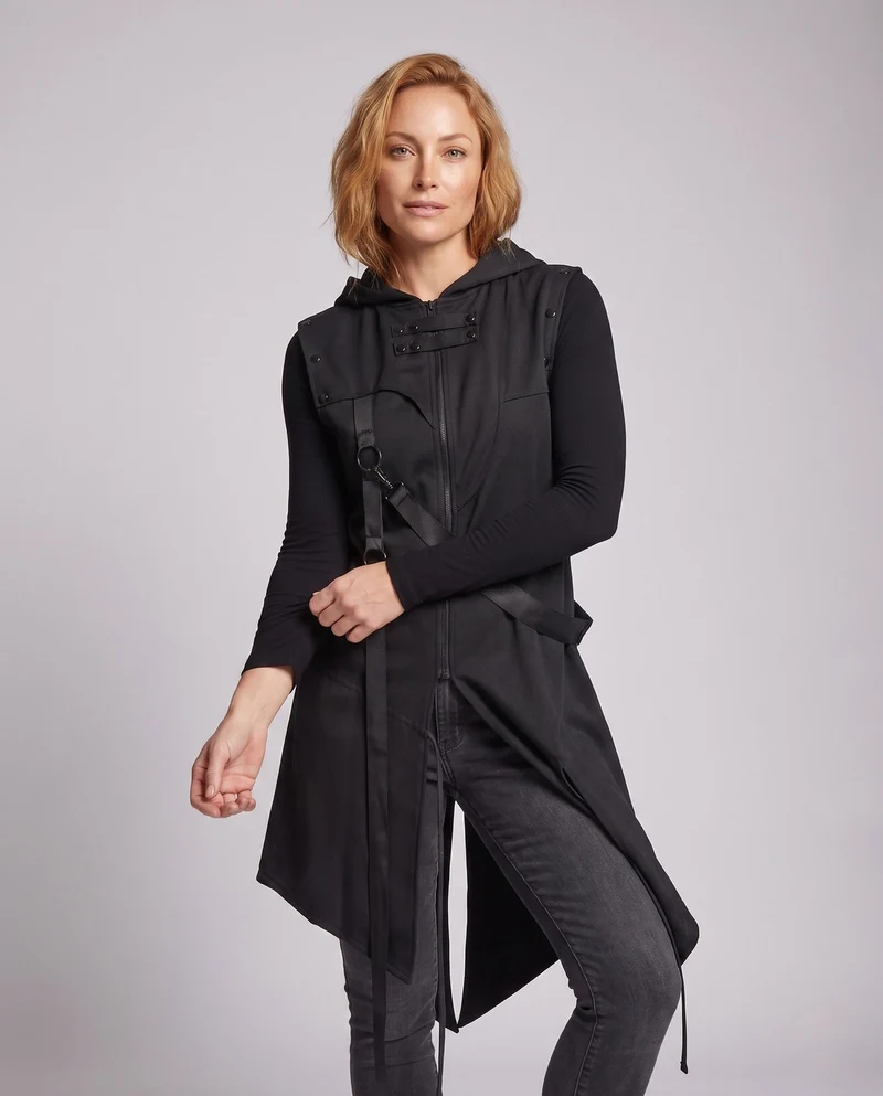 Damen stilvolle Kapuze Umhang mit asymmetrischem Saum und dekorativen Details Drune