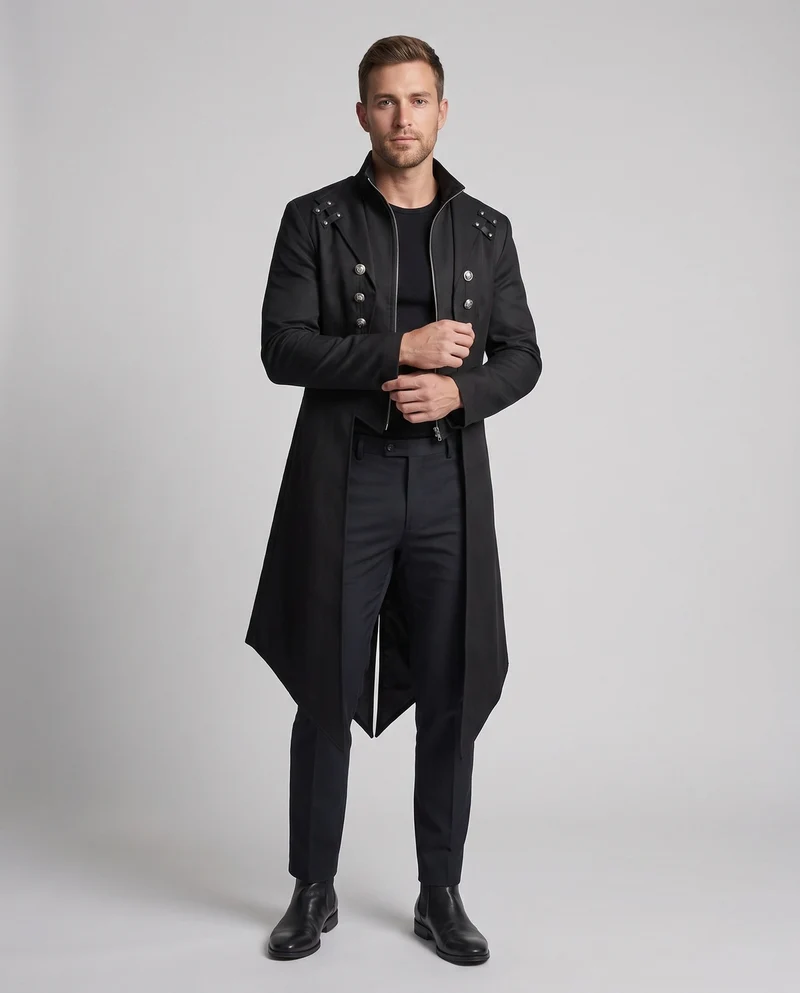 Herren stilvoller Frack mit asymmetrischem Saum und dekorativen Knopfdetails Drune