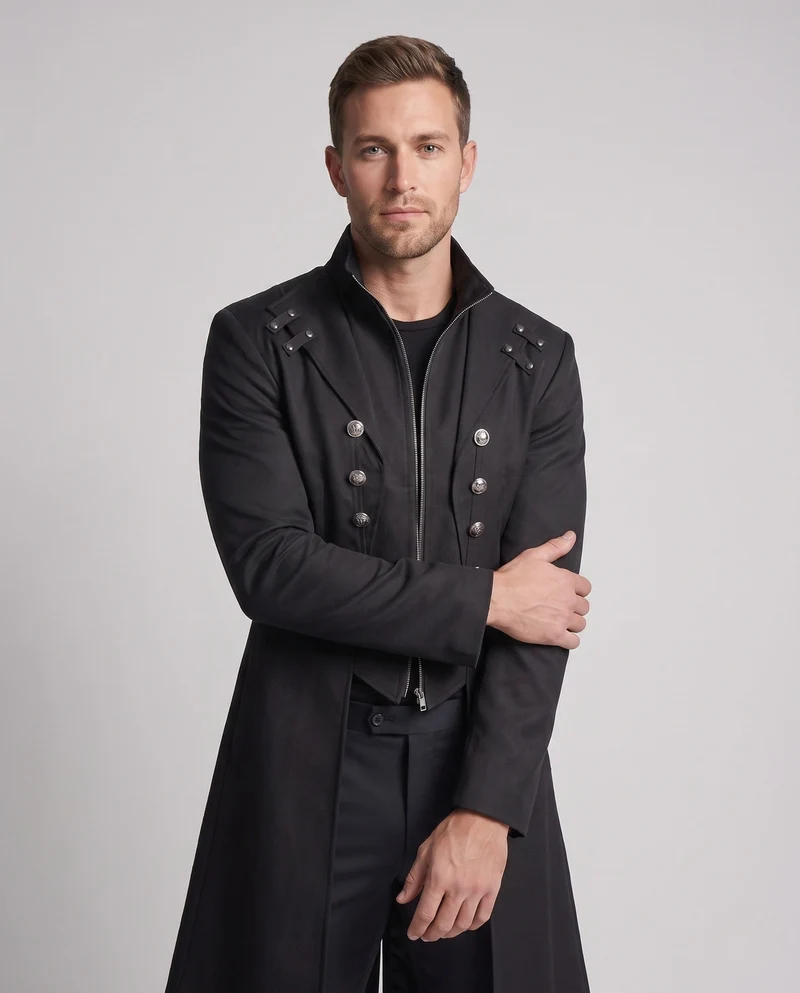 Herren stilvoller Frack mit asymmetrischem Saum und dekorativen Knopfdetails Drune