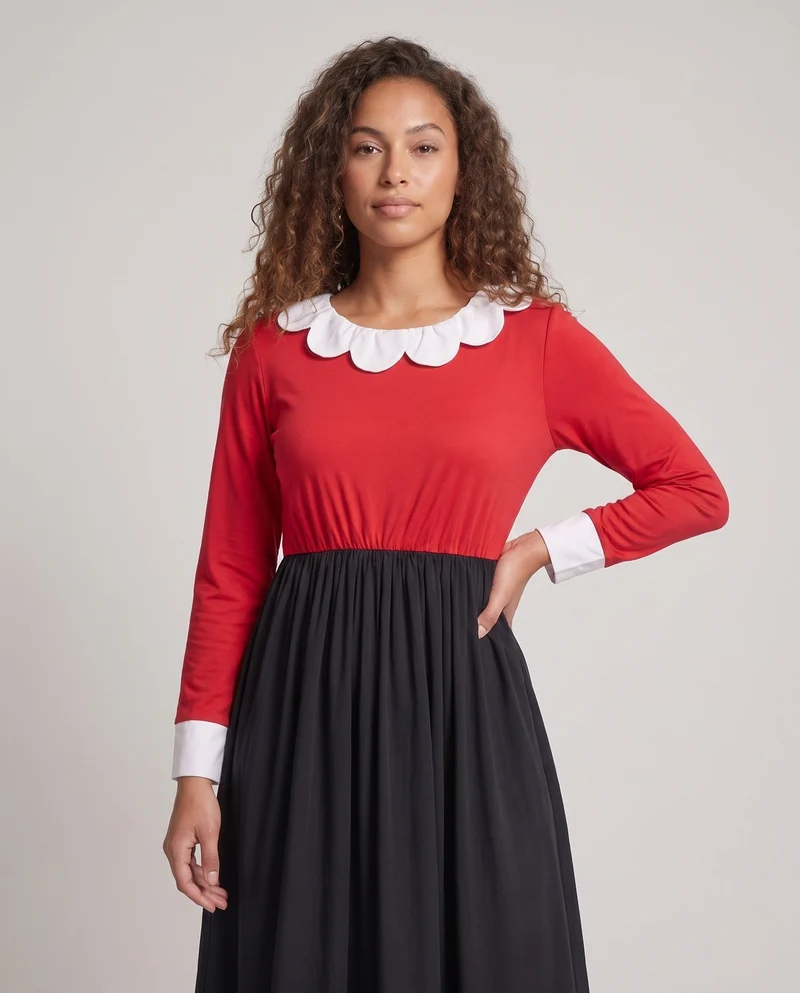 Frauen Elegantes Kleid mit Rüschendetails und Kontrastkragen Drune