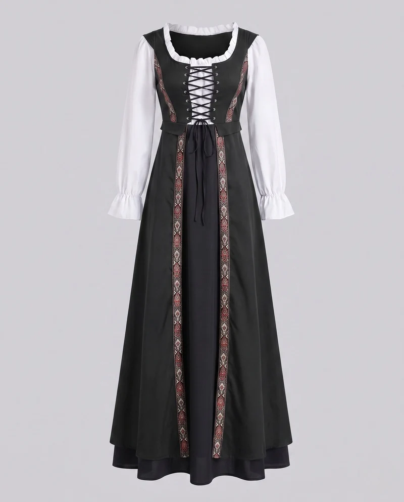 Frauen traditionelle Kleid mit dekorativer Schnürung und bunten Stickdetails Drune