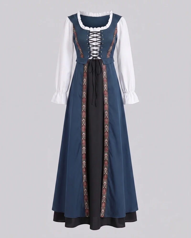 Frauen traditionelle Kleid mit dekorativer Schnürung und bunten Stickdetails Drune