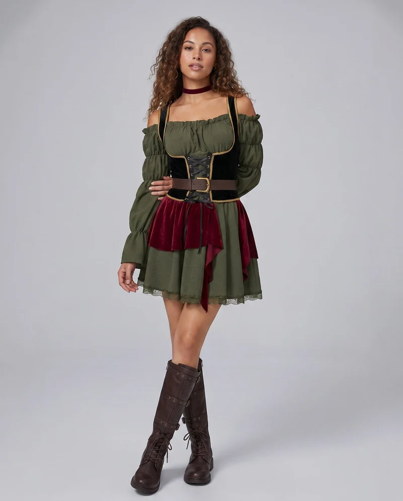 Frauen traditionelle Kleid mit Rüschendetails und figurbetontem Gürtel Drune