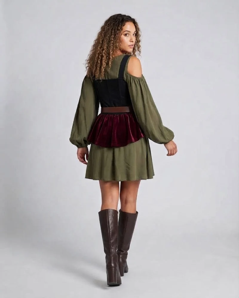 Frauen traditionelle Kleid mit Rüschendetails und figurbetontem Gürtel Drune
