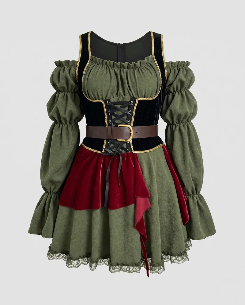 Frauen traditionelle Kleid mit Rüschendetails und figurbetontem Gürtel Drune