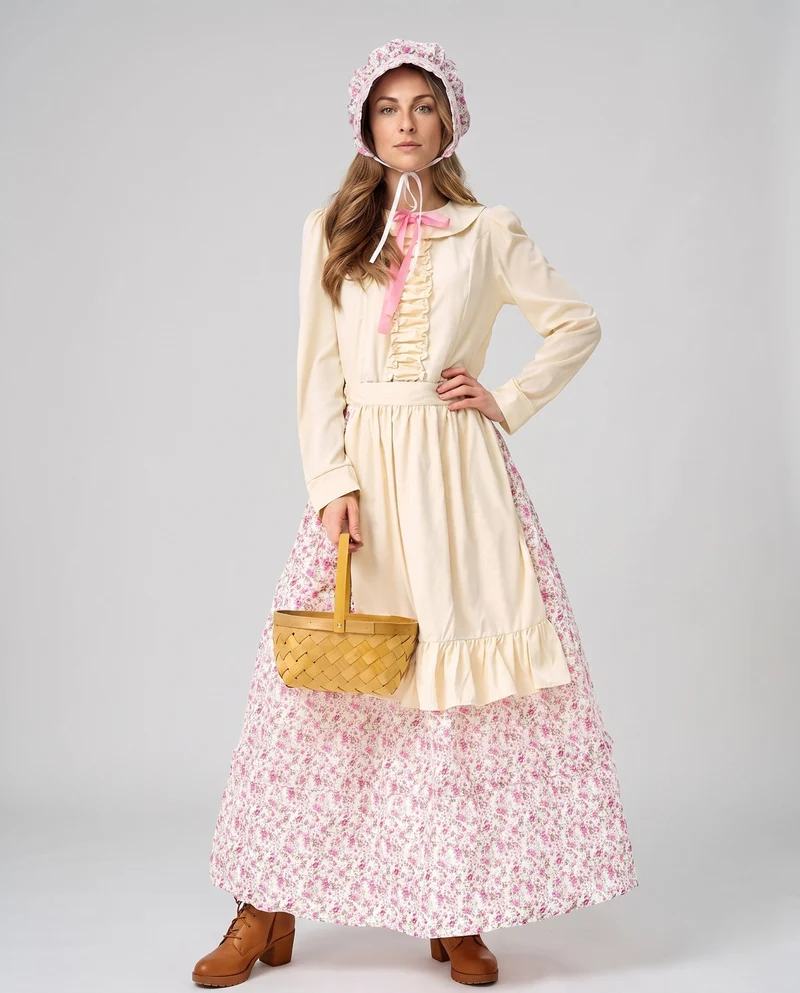 Damen historische Bauernkleid mit Rüschendetail und Baumwollschürze Drune
