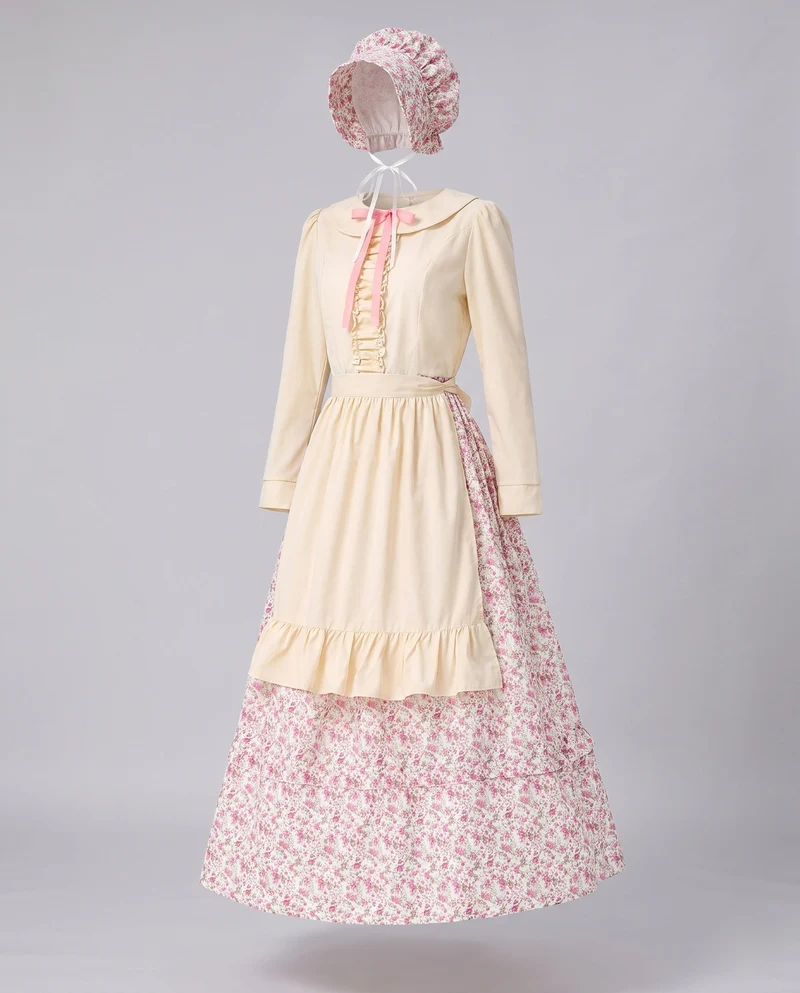 Damen historische Bauernkleid mit Rüschendetail und Baumwollschürze Drune