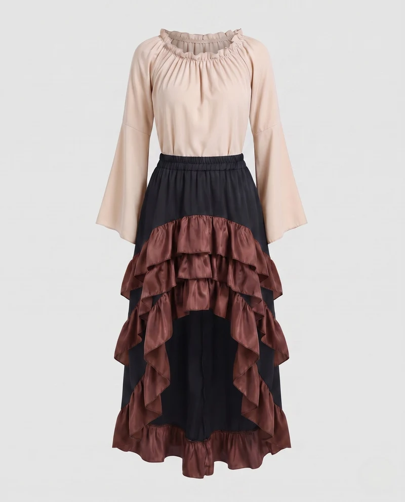 Frauen Historisches Rüschkleid mit Eleganter Korsage und Ausgestellt Rock Drune