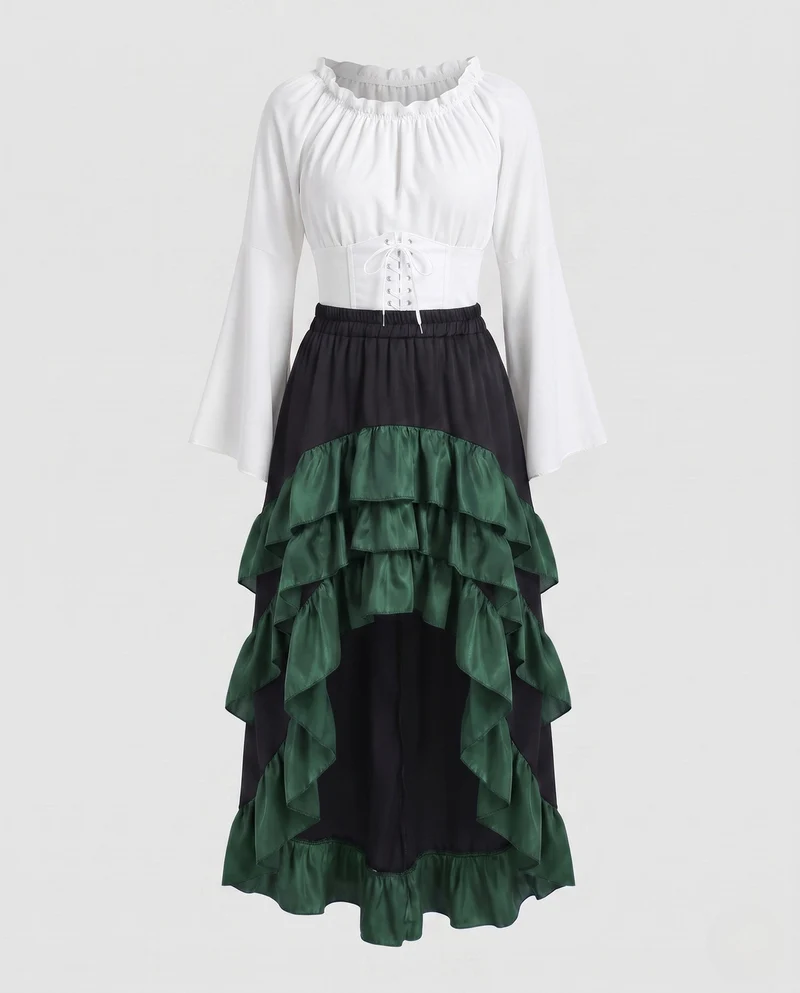 Frauen Historisches Rüschkleid mit Eleganter Korsage und Ausgestellt Rock Drune