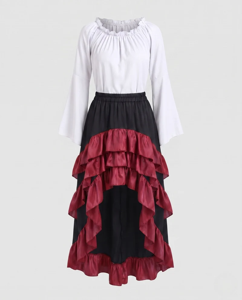 Frauen Historisches Rüschkleid mit Eleganter Korsage und Ausgestellt Rock Drune