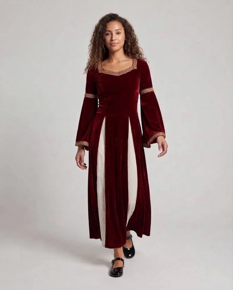 Frauen Historisches Samtkleid mit Ausgestellten Ärmeln und Dekorativem Kragen Drune
