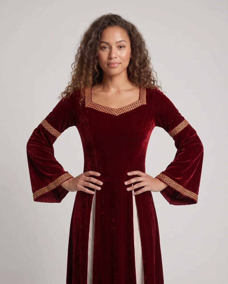 Frauen Historisches Samtkleid mit Ausgestellten Ärmeln und Dekorativem Kragen Drune