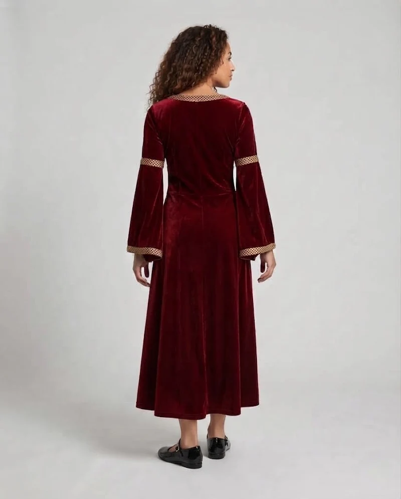 Frauen Historisches Samtkleid mit Ausgestellten Ärmeln und Dekorativem Kragen Drune