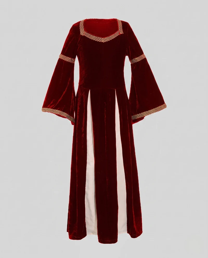 Frauen Historisches Samtkleid mit Ausgestellten Ärmeln und Dekorativem Kragen Drune