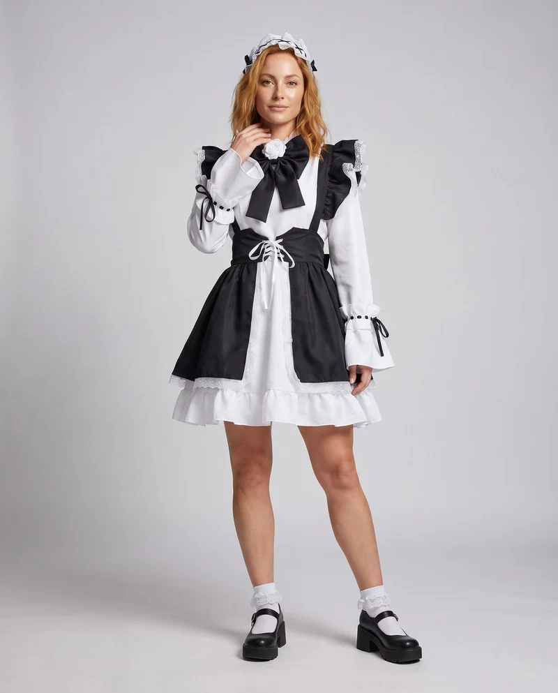 Damenkostüm als elegante Dienstmädchen mit Rüschen und Schleifen Drune