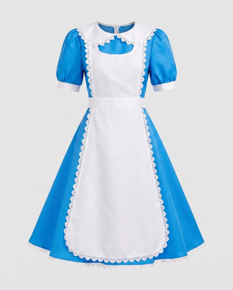 Damen Märchenkostüm im Stil von Alice im Wunderland mit Rüschen und Schürze Drune
