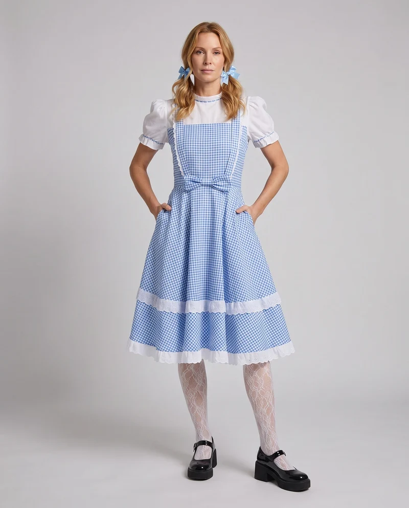 Damen nostalgisches kariertes Kleid mit Rüschendetails und passenden Accessoires Drune