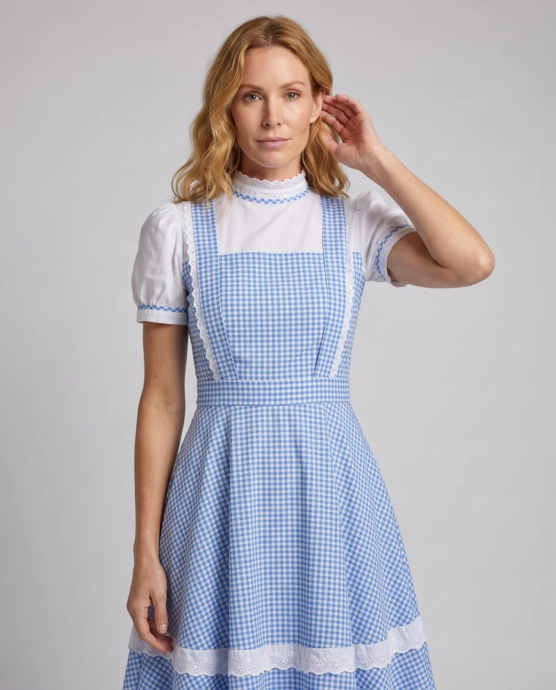 Damen nostalgisches kariertes Kleid mit Rüschendetails und passenden Accessoires Drune