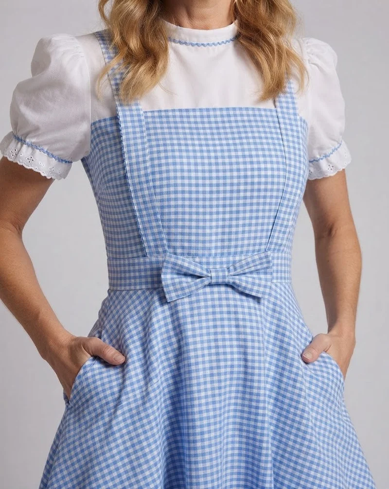Damen nostalgisches kariertes Kleid mit Rüschendetails und passenden Accessoires Drune