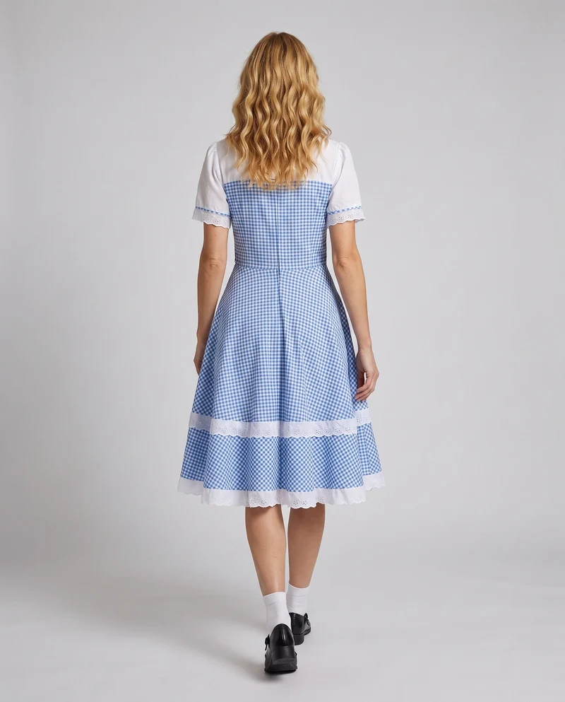 Damen nostalgisches kariertes Kleid mit Rüschendetails und passenden Accessoires Drune